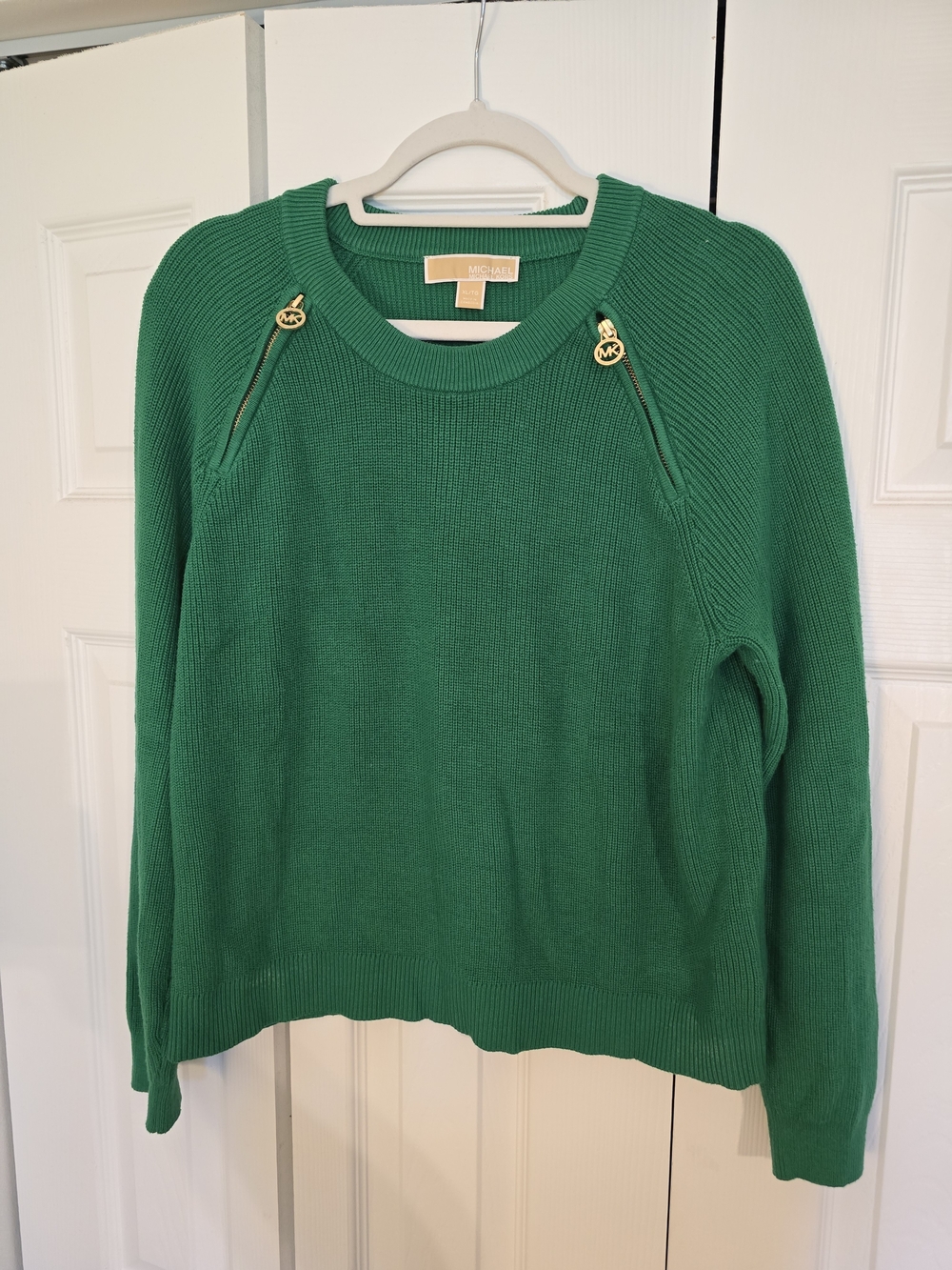 Michael Kors Emerald Green Crewneck Sweater with Gold Zip Accents